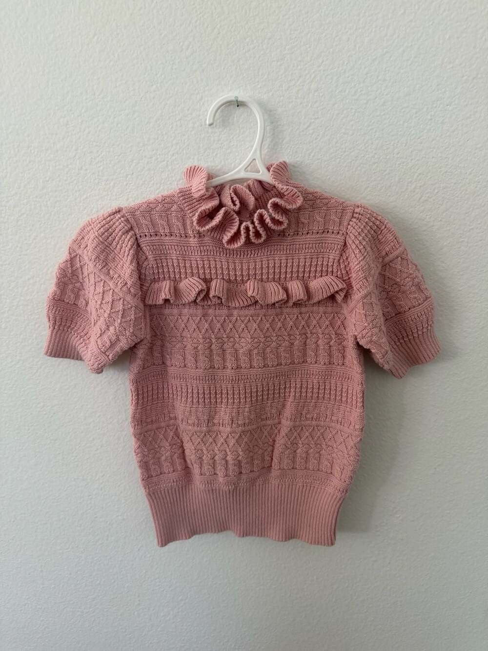 Janie and Jack Girls Pink Ruffle Collar Mixed-Stitch Short Sleeve Sweater